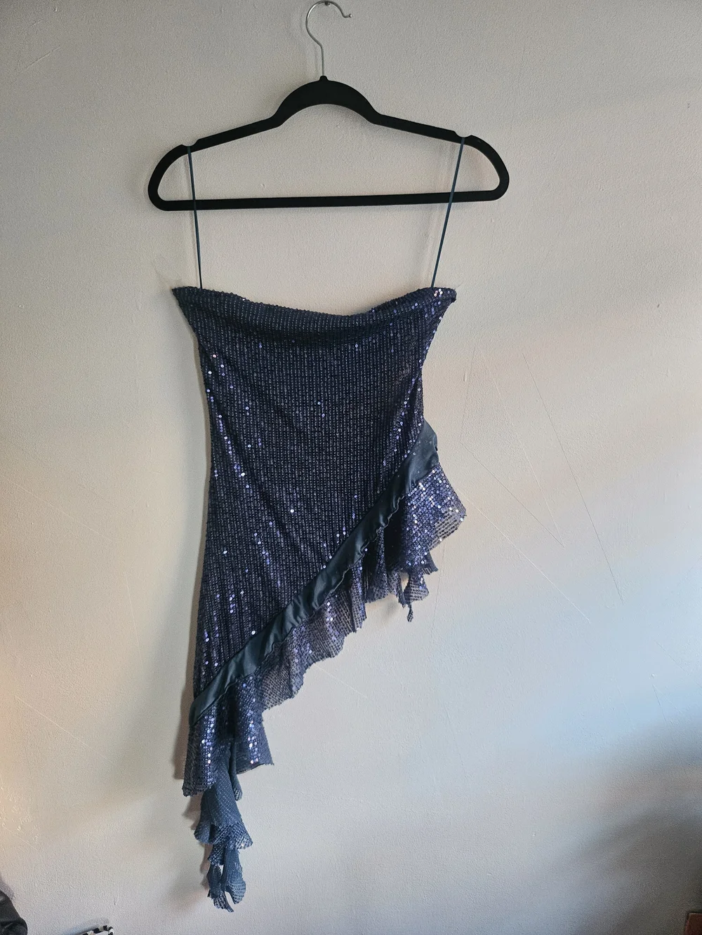Free People Navy Blue Sequin Asymmetric Ruffle Strapless Top